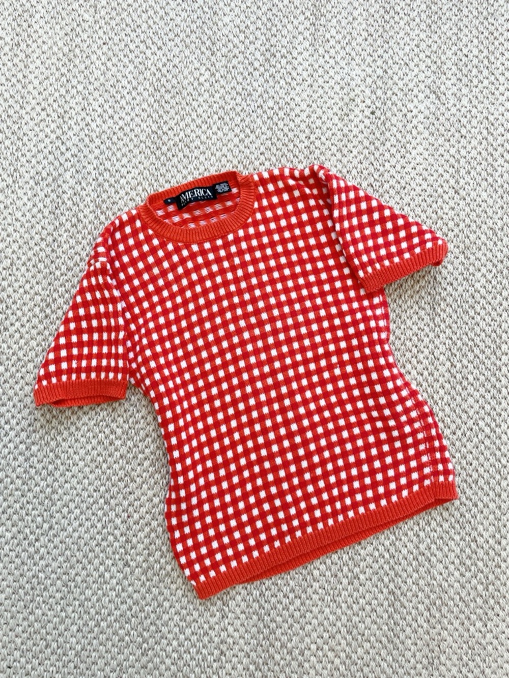 Vintage America Perry Ellis Red Gingham Sweater Women’s Small Short Sleeve